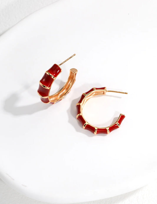 Red Enamel Glaze Bamboo Earrings