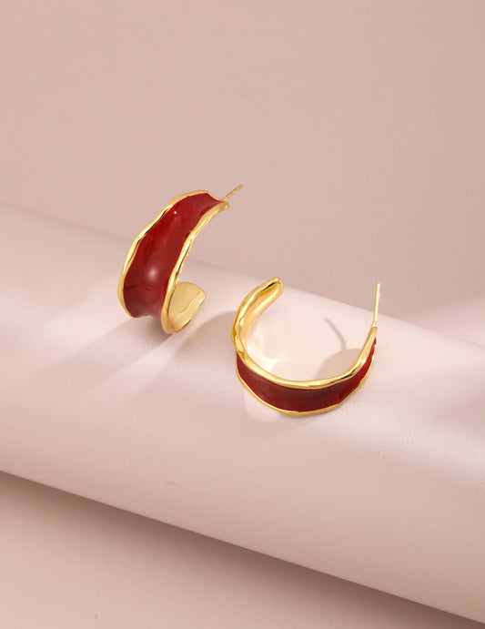 Red Drip Glaze C Shape Earrings